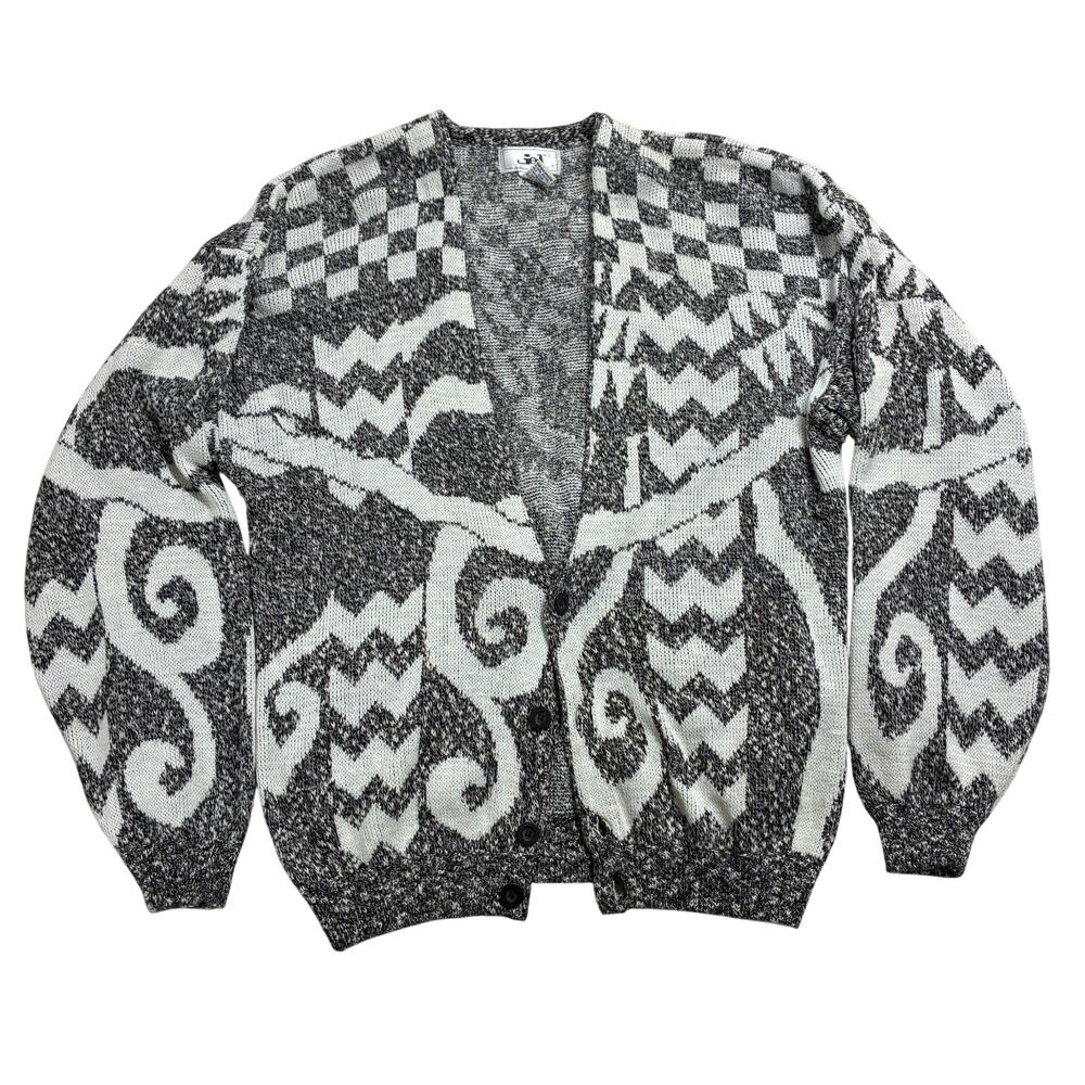 Jed Vintage Cardigan Mens Large Black/White Geometric Button Front Knit Sweater